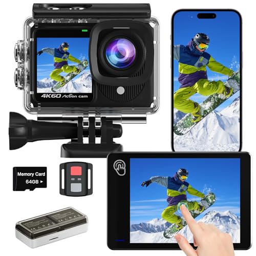 TIMNUT Dualscreen 4K60FPS Action Cam con scheda 64G, Fotocamera Subacquea 40M,48MP Touchscreen WiFi Videocamera con EIS, zoom 8X, impermeabile Telecamera Sportiva con 2 batterie da 1350 mAh