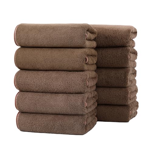 フェイスタオル マイクロファイバー 10枚セット タオル ホテル仕様 35x75cm ふわふわ 瞬間吸水 速乾 耐久性 家庭 業務用 エステ サロン バス用品 新生活 ギフト (ブラウン)