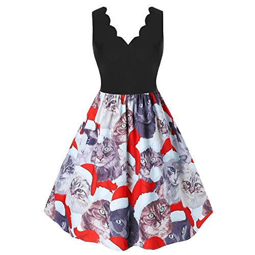 Weihnachtskleider Damen Dress Karneval Kostüm Festlich Mini Cocktailkleid, Ärmellos Gestreifter Schneeflocken Drucke Kleide Nackter Hals Partykleid