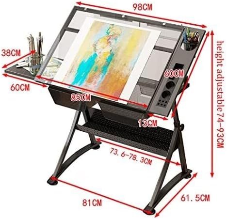 Height Adjustable Glass Drafting Table for Artists with Stool, Tiltable Craft Desk, 2 Storage Drawers, and Anti-Slip Metal Legs