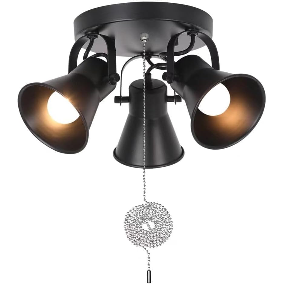 3-Light Industrial Track Lighting with Pull Chain On/Off Switch, Adjustable Round Kitchen Ceiling Light, Morden Black Flush Mount Directional Light for Kitchen, Hallway, Dining Room, Bathroom