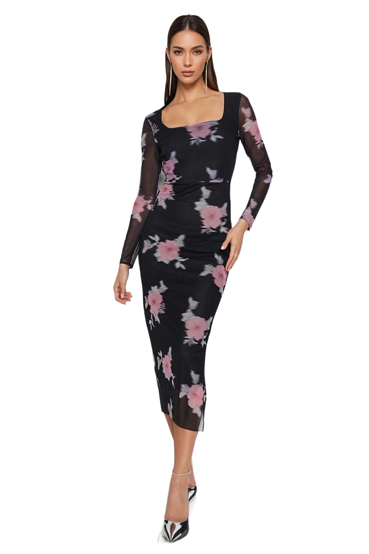 Trendyol Women's Floral Maxi Long Sleeve Casual Regular Dress, Black, XL