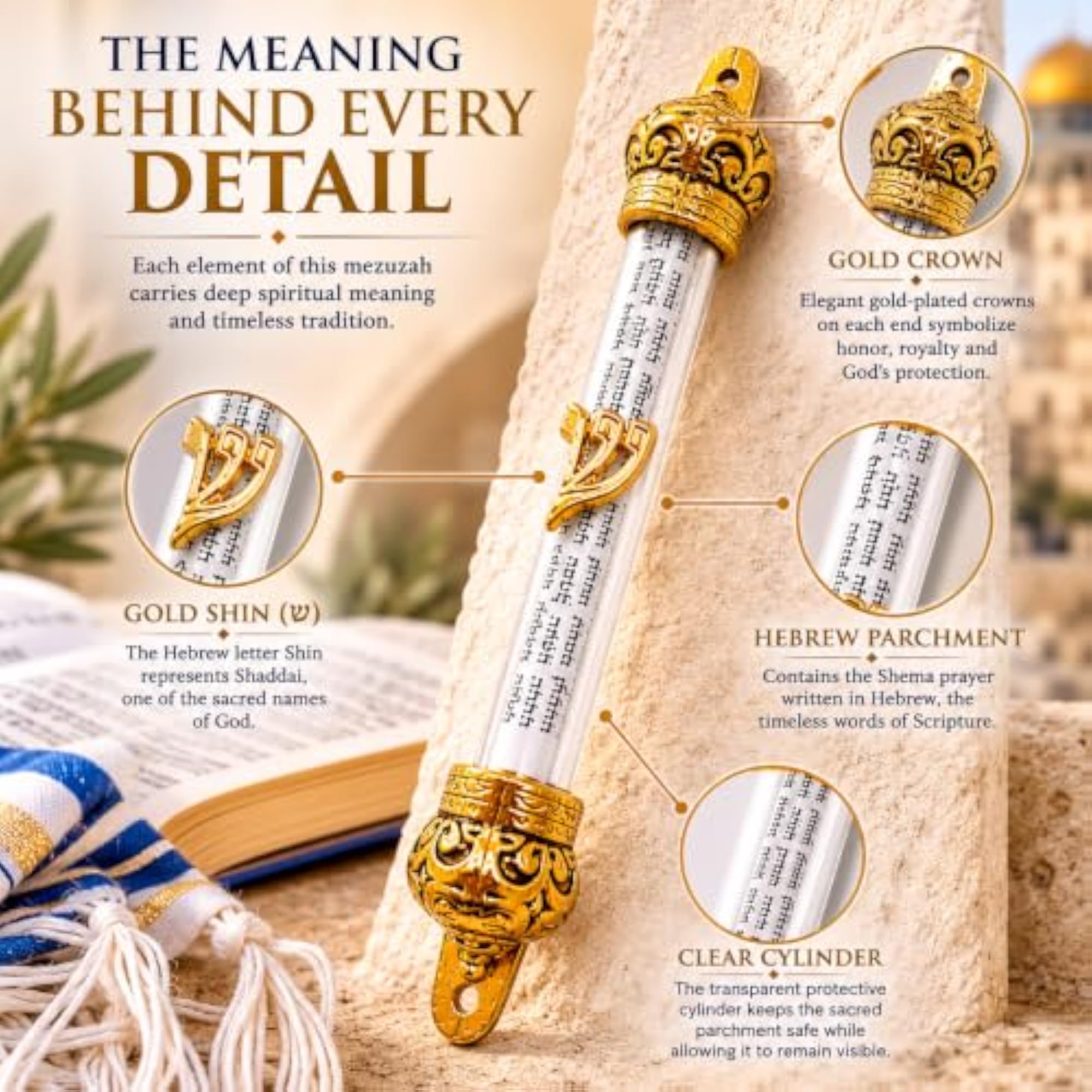 Gold Crown Mezuzah Clear Cylinder with Scroll
