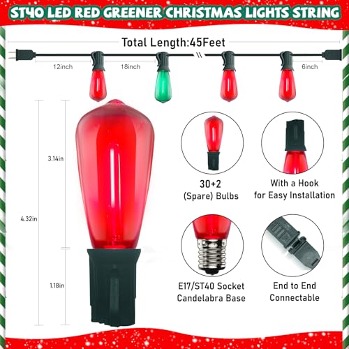 Image of GOOTHY LED ST40 Red and Green Outdoor String Lights, 45FT Patio Lights Waterproof with 30 LED Red Green Shatterproof Bulbs, Hanging Outdoor Light for Home Party Backyard Garden Christmas Decorations