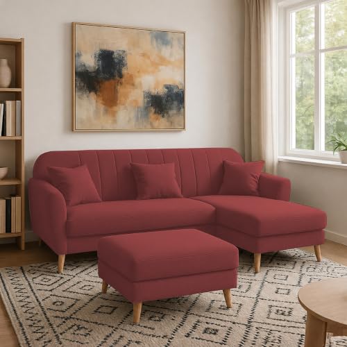 Image of Atticus RHS 4 Seater L Shape Sofa Set with Ottoman for Living Room (Maroon Fabric) Premium Fabric Sofa Set