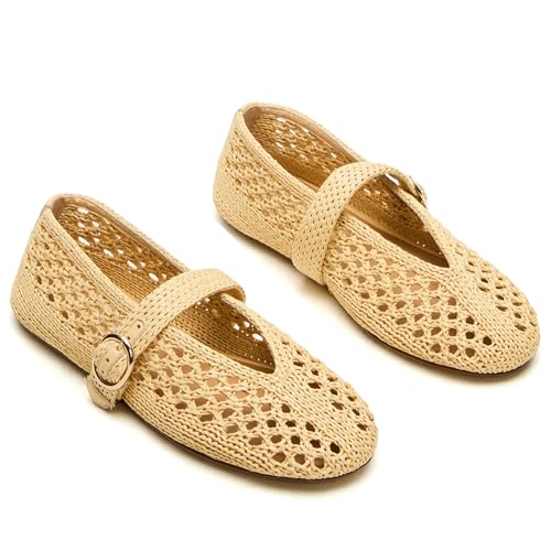 Woven Mesh Ballet Flats for Women with Metal Buckle Strap Mesh Raffia Flats Round Toe Mary Janes Comfortable Ballerina Flat Shoes.