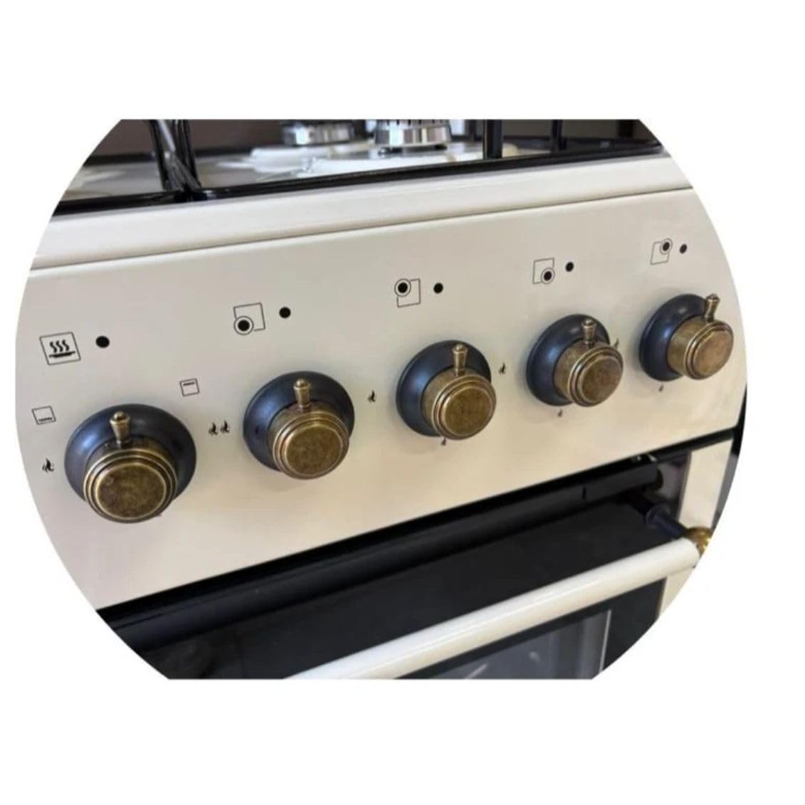 Cucina a Gas 4 Fuochi con Forno a Gas 49L, Beige Vintage, 50x50 cm, Accensione Manuale, Doppio Vetro, Valvola di Sicurezza, con Coperchio