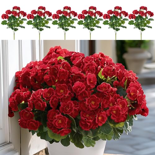 Alupssuc 6 Bundles Artificial Flowers for Outdoors Decoration Silk Geranium, UV Resistant Artificial Outdoor Fake Plants, Faux Flowers for Home Kitchen Table Indoor Outside Spring  image 4
