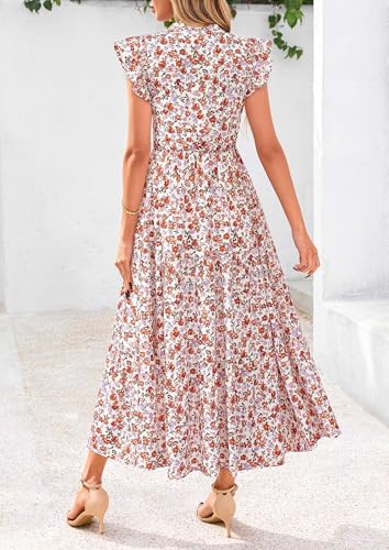 Image of PRETTYGARDEN Women's 2026 Summer Floral Midi Dress Cap Sleeve V Neck Ruffle Long Flowy Boho Casual Beach Vacation Dresses