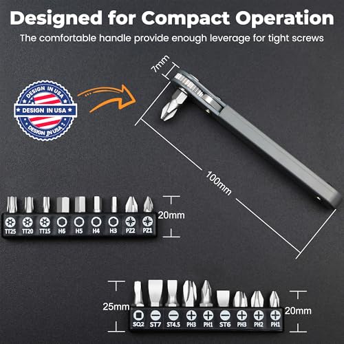 Image of MULWARK 20pc 1 /4 Ultra Low Profile Mini Ratchet Wrench Close Quarters Screwdriver Set with High Torque - Right Angle EDC Tool with 90 Degree Mini Offset Reversible Drive Handle & Multi Hex Bits Set