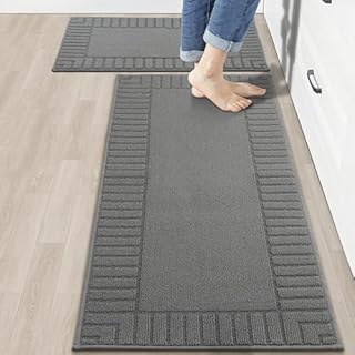 BEQHAUSE Kitchen Rugs Washable Kitchen Mats Floor Non-Slip Kitchen Mats Absorbent Kitchen Runner with TPR Non Skid Backing,Set of 2(50X76cm+50X122cm,Grey)