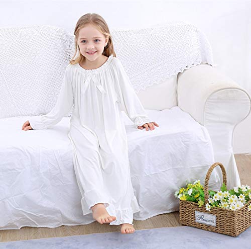 Girls Cotton Princess Nightgown Long Sleeve Solid Color for Kids 10-12 Years