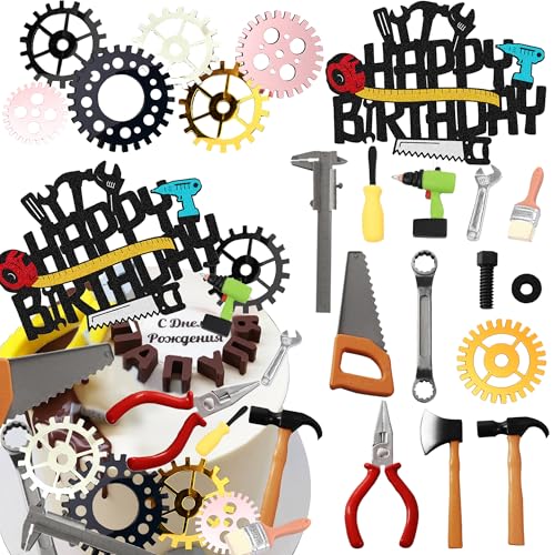 Tools Cake Topper Wrench Hammer Drill Plier Handsaw Tape Measure Screwdrivers Themed Happy Birthday Party Cake Decor