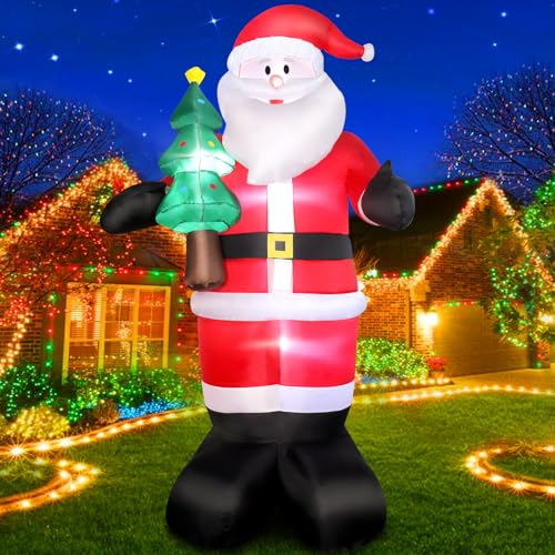 8FT Christmas Inflatable Santa Yard Decors, Blow Up Santa Claus with Christmas Tree in Hand & Green, Built-in Bright LED Lights for Holiday Display Lawn Garden Party Decorations