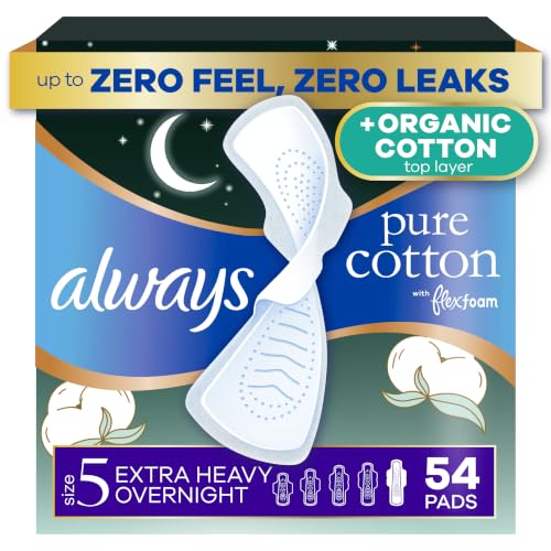 Always Pure Cotton, organic cotton top layer pads for women with wings, feminine care, period menstrual sanitary postpartum, toallas sanitarias para mujer, Size 5 Extra Heavy Overnight Unscented, 54ct - image 1