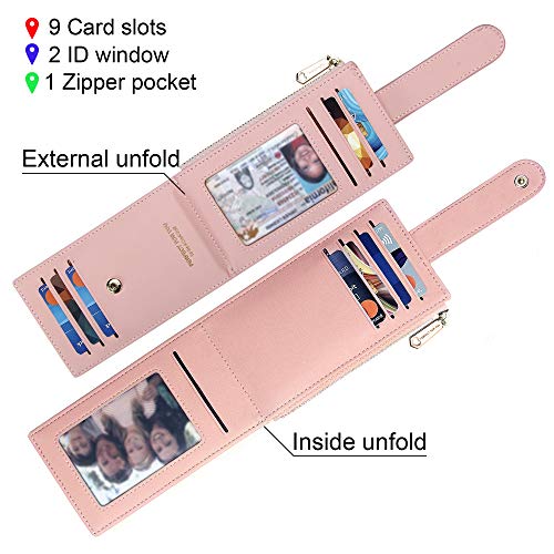 Image of Badiya Slim Women Wallet RFID Blocking Bifold Compact 9 Card Slots Holder Wallets Soft Leather with Zipper Coin Pocket 2 ID Window