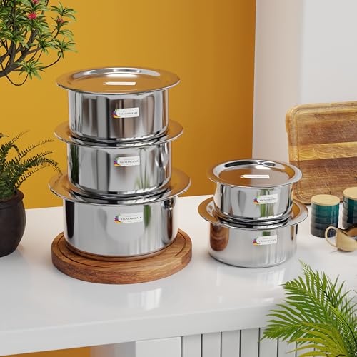 Image of Stainless Steel Tope Patila Pot Pan Cookware Set with LIds, 5 Pieces, Induction and Gas Stove Friendly, Sandwich Bottom, Silver