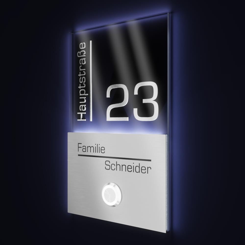 V2A Edelstahl Türklingel mit Straße Hausnummer Namen Gravur - Klingelschild 110x180mm LED-Taster Klingelplatte modernes Design aus Edelstahl Acryl Schwarz