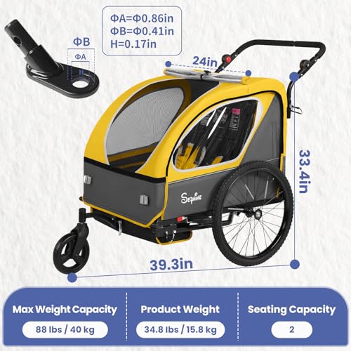 Image of Sepnine Kids Bike Trailer, 2 in1 Canopy Carrier Converts to Pushcart Suitable for 1 to 2 Toddlers, Kids, Quick Attach to Bike, Foldable, with 5-Point Harness and Storage Bags