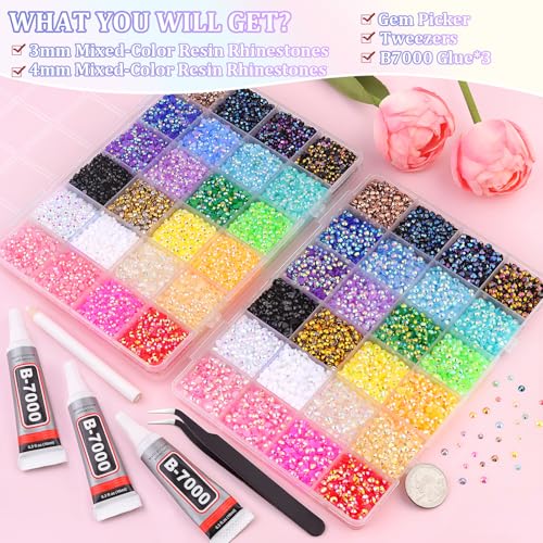 Image of 2 Boxes Jelly Rhinestones for Bedazzling, 46000Pcs 3mm&4mm Multicolor Flatback Resin Gems for Crafting, Bedazzler Kit with 3Pcs 10ml B7000 Jewelry Glue for DIY Crafts Tumblers Fabric Decor Nail Art