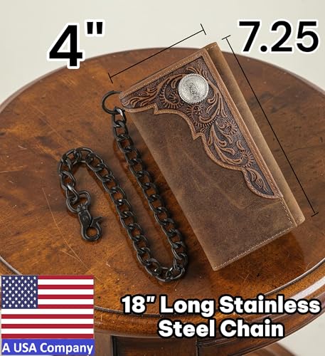 Image of F&L CLASSIC RFID Blocking Mens Tri-fold Long Style Cowhide Leather Steel Chain Wallet,brown western,212-82