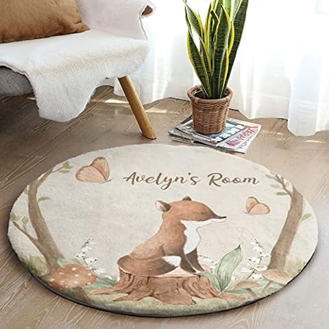 Woodland Animals Forest Fox Personalised Floor Mat Imitation Rabbit Fur Fabric Carpet 47.2" Inches Circle Soft Carpet for Living Room Sofa Bedroom Cover