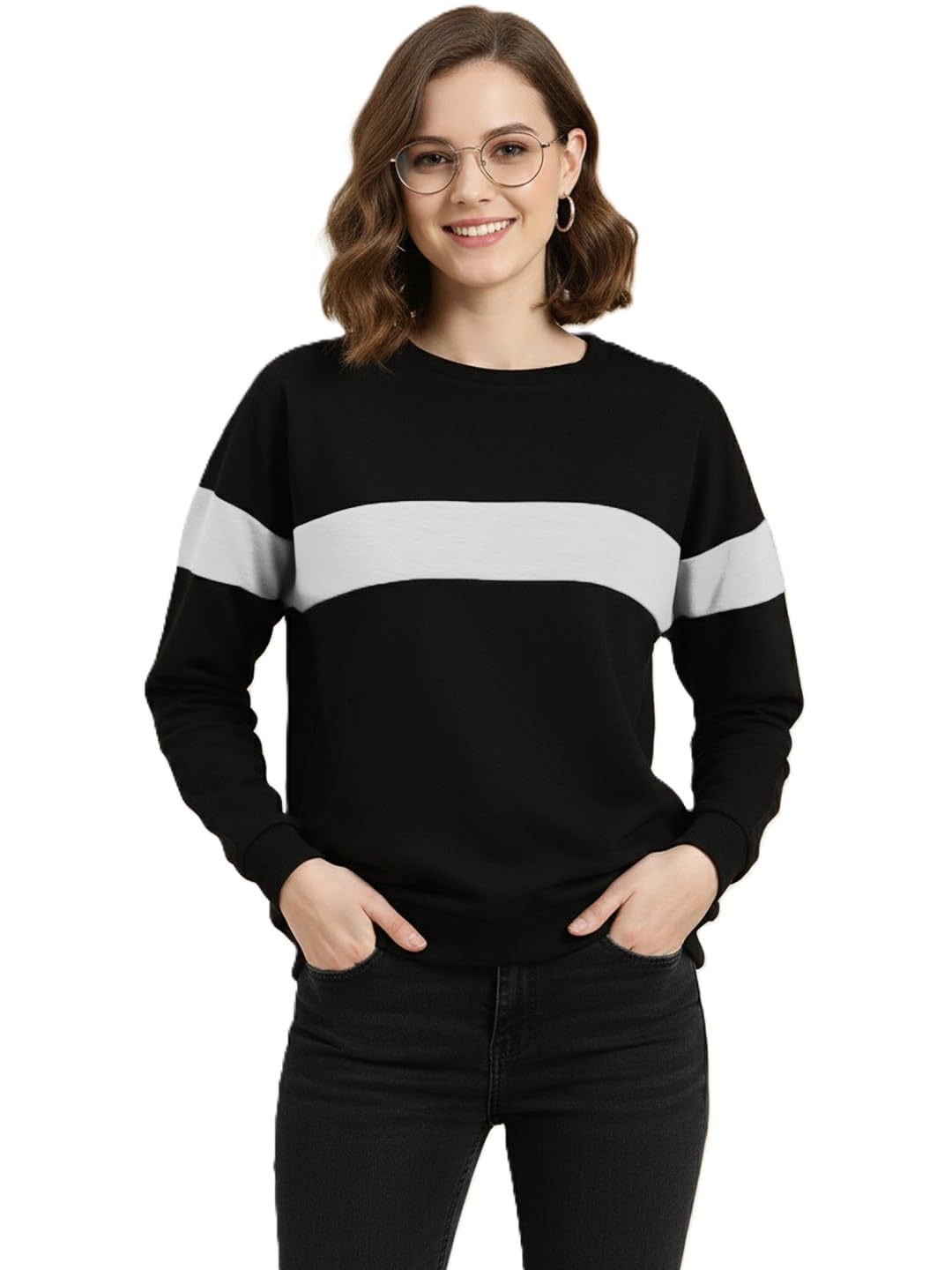 leotude Women's Full Sleeve Round Neck Loopknit Colourblocked Sweatshirt for Women (Blk Gry)-picture-30