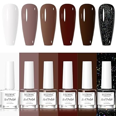 MIZHSE Quick Dry Nail Polish Set, 6 Colors Brown White Khaki Glitter Fall Winter Nail Polish Set Coffee Chocolate Collection Nail Lacquer Manicure DIY Nail Art Salon Home Gift for Women Girl