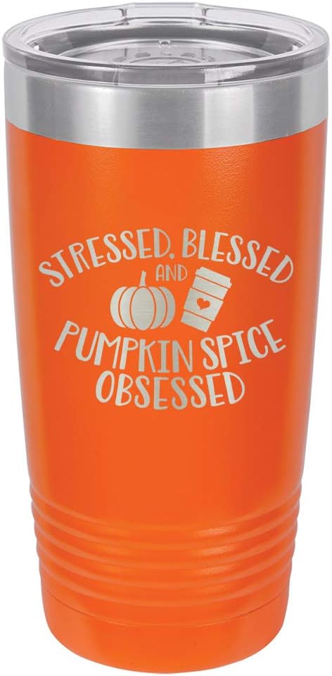 STRESSED BLESSED PUMPKIN SPICE OBSESSED Green 20 oz Drink Tumbler Includes Spill Proof Lid and Straw | Engraved Yeti Style Insulated Travel Mug | Funny Fall & Halloween Quotes | OnlyGifts.com