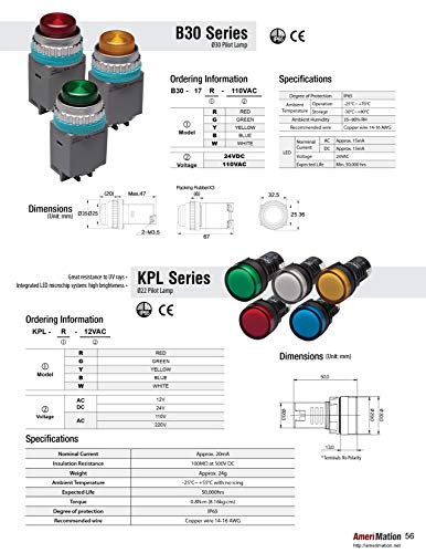 B30-17G-110VAC, LED Pilot Lamp, 30mm Panel Hole, IP65, Dome Head, Green, 110VAC