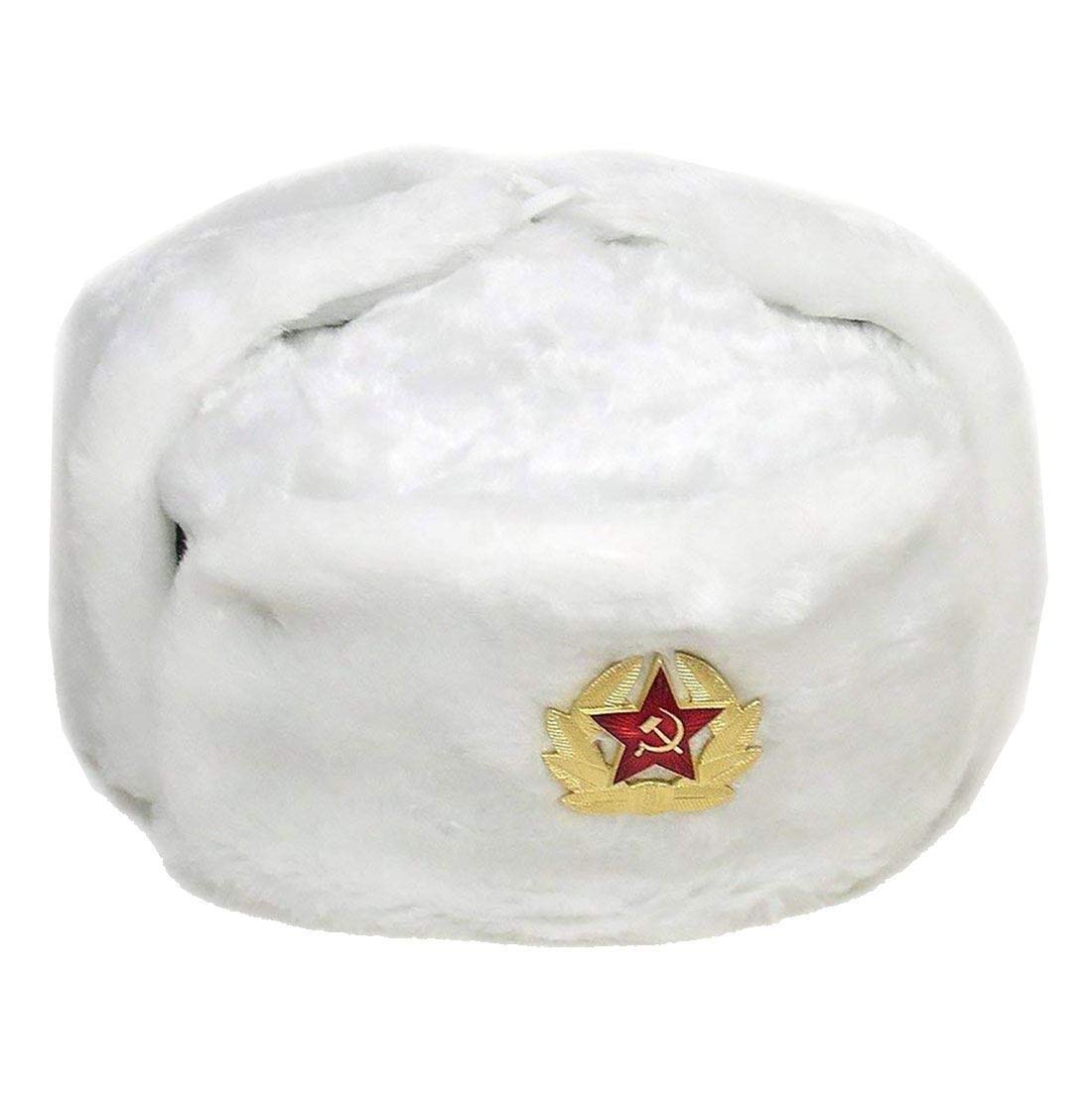 Islander Fashions Women's White Russian Trapper Hat Cap With Soviet Badge Faux Fur Ushanka Cossack Flaps Hat One Size