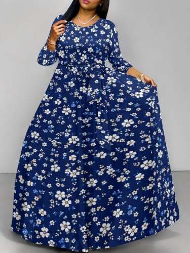 Image of Women Plus Size Long Sleeve V Neck Maxi Dress with Belt | Soft fabric relaxed fit three quarter sleeve v neck with pockets for party and daily wear
