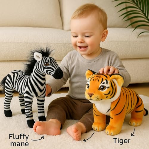Image of Zebra & Orange Tiger Soft Toy Combo - 30cm Each | Jungle Animal Plush Toy Set for Kids | Cuddly Stuffed Animals for Boys & Girls | Birthday Gift & Nursery Decor