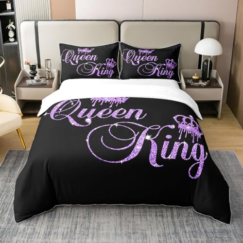 Feelyou Crown Queen and King Couple Duvet Cover 100% Cotoon Set His and Hers Bedding Set for Teens Women Men Black Purple King,Lover Romantic Valentine's Day Decorations Bedspread Cover (No Glitter)