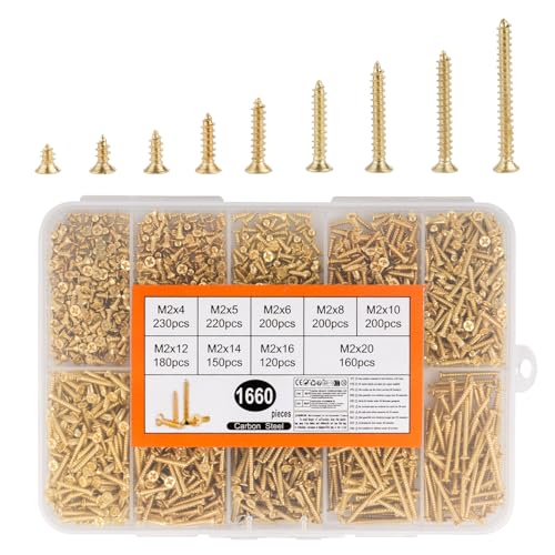 1660 Pcs M2 Tornillos para Madera, Tornillos Autorroscantes Autoperforantes, tTornillos de Cabeza Plana Cruzada, tTornillos de Cabeza Avellanada para Suelo Madera Modelismo(Dorados)