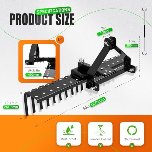 Image of KUAFU 50 inch 3 Point Landscape Rake for Category-0 Cat-0 Tractor with 360