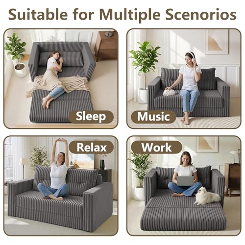 Image of HABUTWAY 49.8 inch Loveseat Boneless Couch, 4-in-1 Convertible Sofa Bed, Plush Fur Folding Futon Sofa Bed Couches with a Pillow for Living Room, High-Density Foam Support, No Assembly Required, Grey