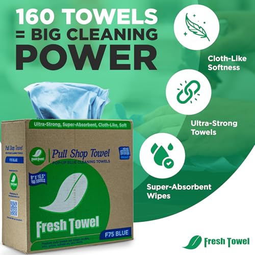 Image of Fresh Towel Pop-Up Shop Towels - Medium Duty Blue Disposable Cleaning Cloths, 9 inch x 16.5 inch - 1 Box of 160 Soft, Absorbent Wipes for Garage, Janitorial, Home & Auto - Made in the USA