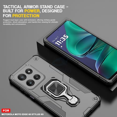 Image of AESTMO Armor Back Cover for Motorola Moto Edge 60 Stylus 5G | Ring Holder & Kickstand & Camera Protection in-Built | 360 Degree Protection Back Case Cover (Black)