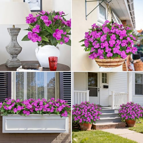 Image of 6 Bundles Artificial Flowers for Outdoors Fake Impatiens, Fuschia | UV resistant, silk flowers, no fade realistic faux plants, outside patio garden porch planters window box balcony home decor