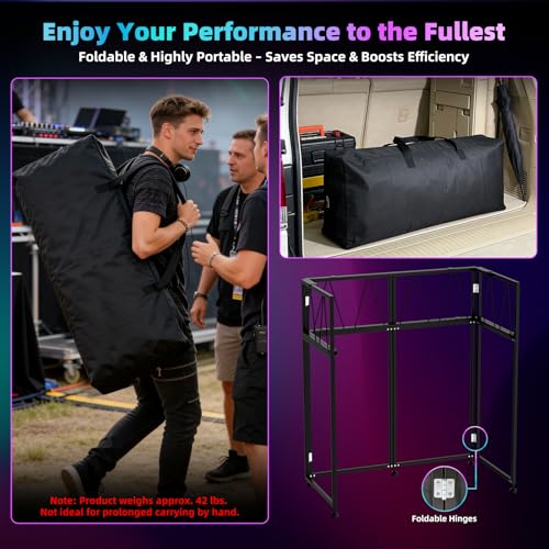 Image of Portable DJ Table Stand, Tool-Free Setup Foldable 40 inch x 20 inch DJ Stand Booth w / 2 Top Trays, Black & White Scrims, 4IN Adjustable Leveling Feet, 5 Cable Holes and Carry Bag, for Parties, Events, Studios
