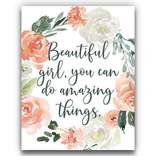 Image of Coral Pink, White, Green Flower Word Wall Art | Inspirational 11x14 UNFRAMED Rose Watercolor Print | ‘Beautiful Girl, You Can Do Amazing Things’ | Botanical, Floral, Farmhouse Home Decor