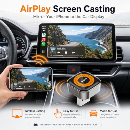 Wireless CarPlay Adapter with Android Auto, AirPlay & Miracast, 4-in-1 Wireless Adapter for Factory Wired CarPlay Cars, Screen Mirroring for iPhone & Android, Video Casting, Auto Connect — view 4