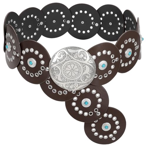Image of XZQTIVE Western PU Leather Belts for Woman Concho Cowgirl Cowboy Disc Belt for Ladies Wide Boho Country Waist Belts for Dress
