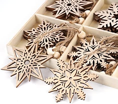 HOUISM 24pcs Christmas Snowflakes Ornaments Wooden Tree Hanging Decorations Rustic Wood Crafts Snowflakes Cut-outs Embellishments, 7.5cm