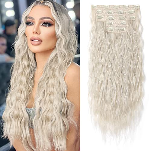 Hair Extensions, REECHO Blonde Clip in Hair Extensions 24 Thick Long Loose Waves hair extensions HE002 Invisible Lace Weft Natural Soft Hairpieces for Women ¨C Platinum Blonde
