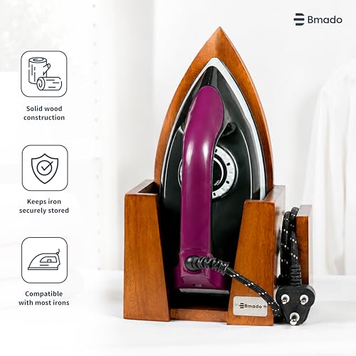 Image of Bmado Multi-Purpose Wooden Iron Press Holder | Safe Shock-Free Design | No Electricity Needed | Holds Iron & Organises Power Cable | Wall-Mounted Holder | Maximum Iron Box Width 5 Inches (12.7 cm)