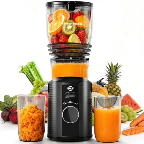 Cold Press Juicer Machine, 5.8 Inch Wide Chute Masticating Juicer, 1.7 L Slow Juicer for Whole Fruits & Vegetables, Easy to Clean Electric Juice Extractor, Juice Maker with Recipe Guide, Black & Gray