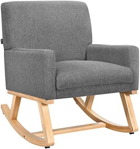 Giantex Upholstered Rocking Chair with Fabric Padded Seat and Solid Wood Base, Comfortable Rocker for Living Room, Bedroom, Study Room, Office Rocking Armchair (Gray)