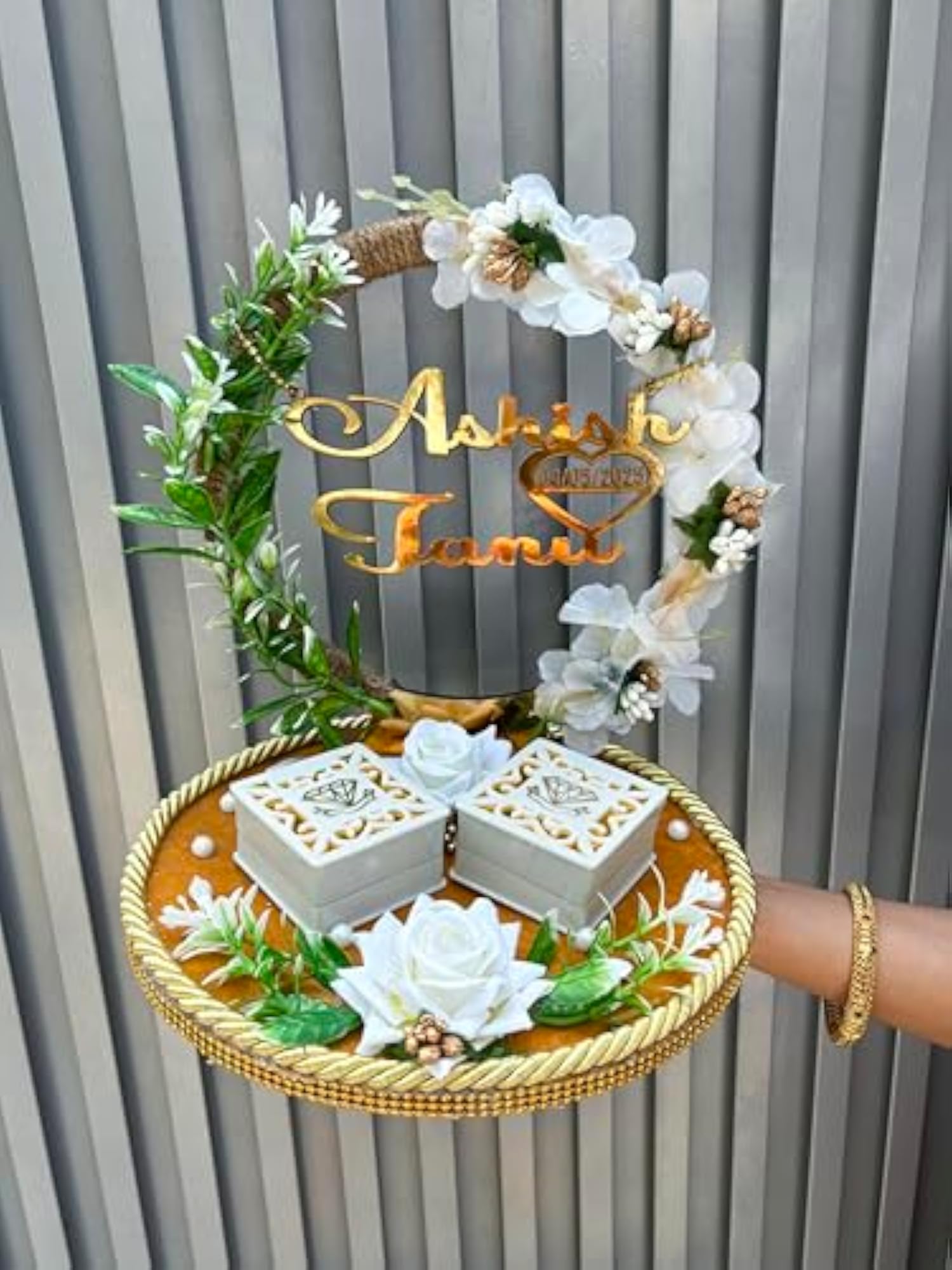 Wood Personalized Name Multicolor Flower Design Ring Tray